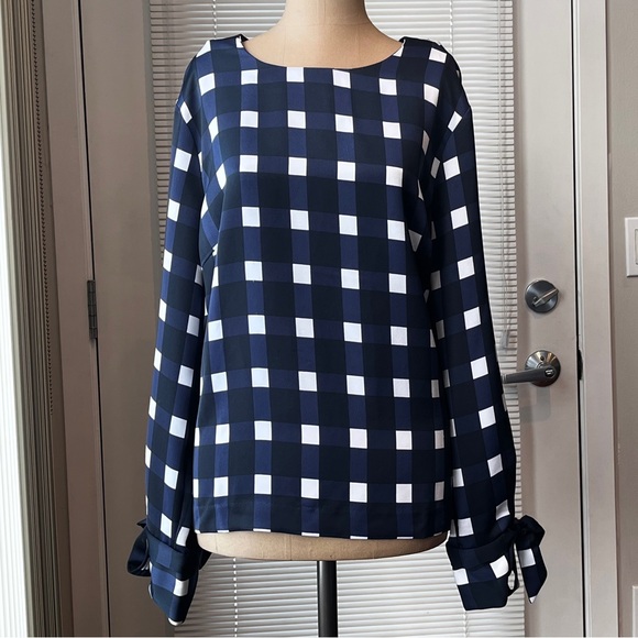 Banana Republic Navy and White Gingham Satin Crewneck Blouse - Picture 9 of 9